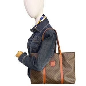 Celine Macadam Canvas Tote Bag Brown PVC Leather Vintage Italy Shoulder Bag